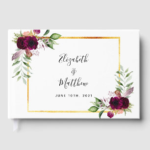 Burgundy flowers greenery elegant wedding guest book