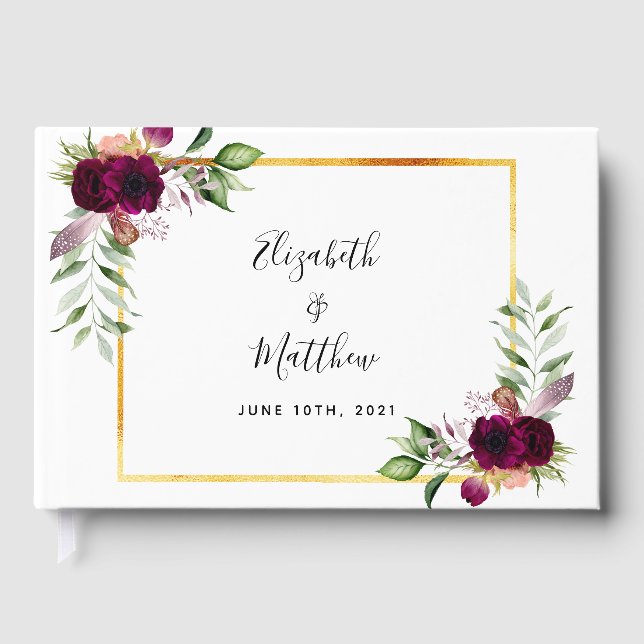 Burgundy flowers greenery elegant wedding guest book (Front)