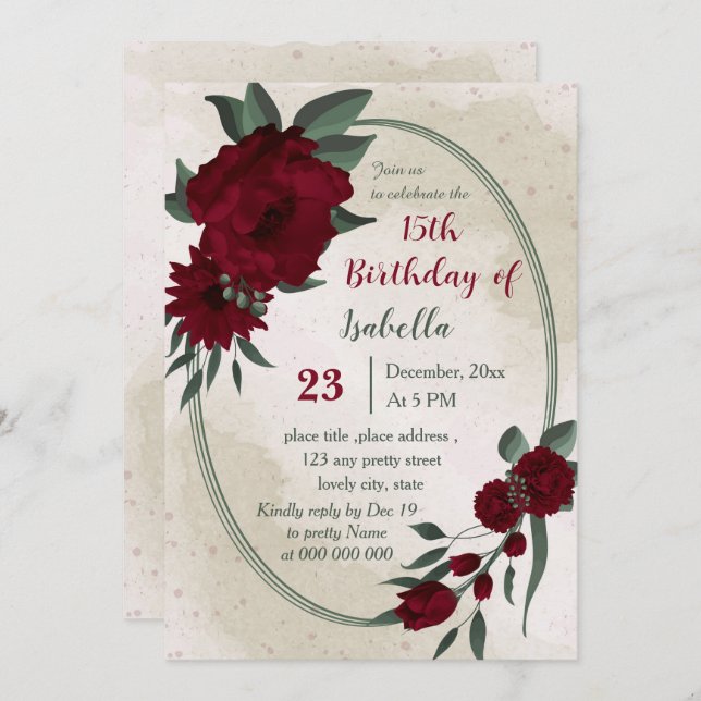Burgundy flowers greenery geometric birthday  invitation (Front/Back)