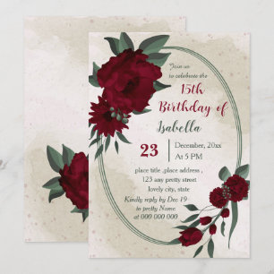 Burgundy flowers greenery geometric birthday  invitation