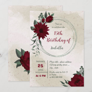 Burgundy flowers greenery geometric birthday invitation