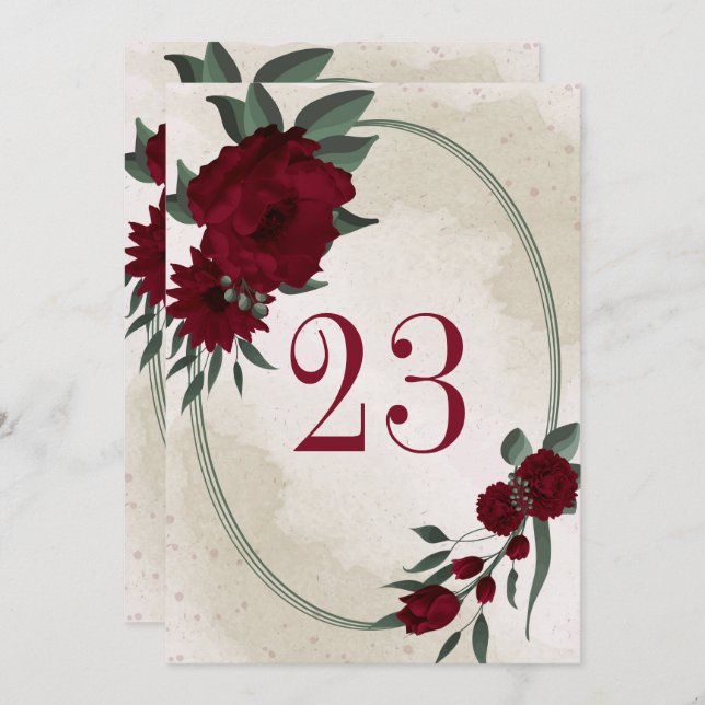 Burgundy flowers greenery geometric table number (Front/Back)