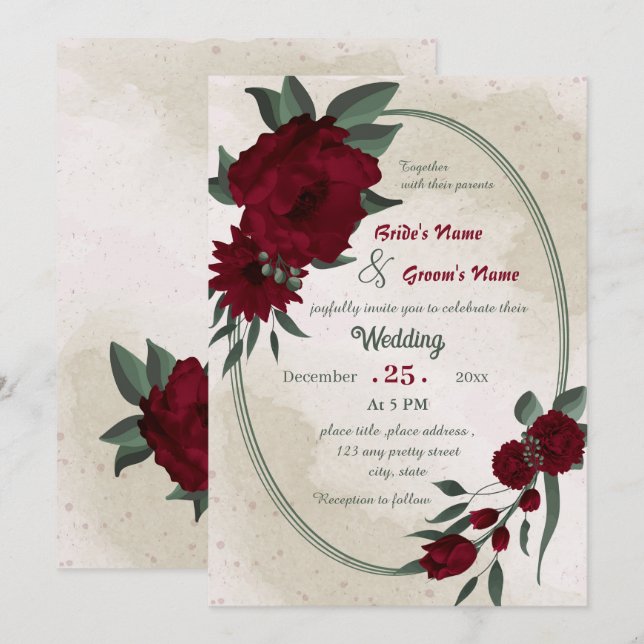 Burgundy flowers greenery geometric wedding invitation (Front/Back)