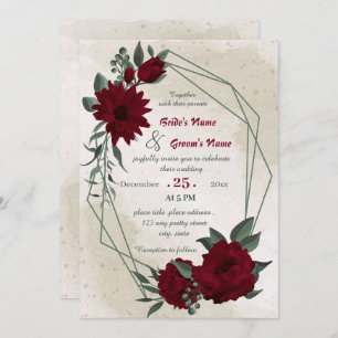 Burgundy flowers greenery geometric wedding invitation