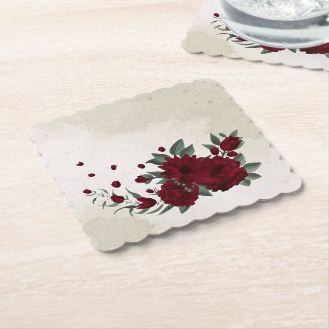 Burgundy flowers greenery paper coaster (Angled)