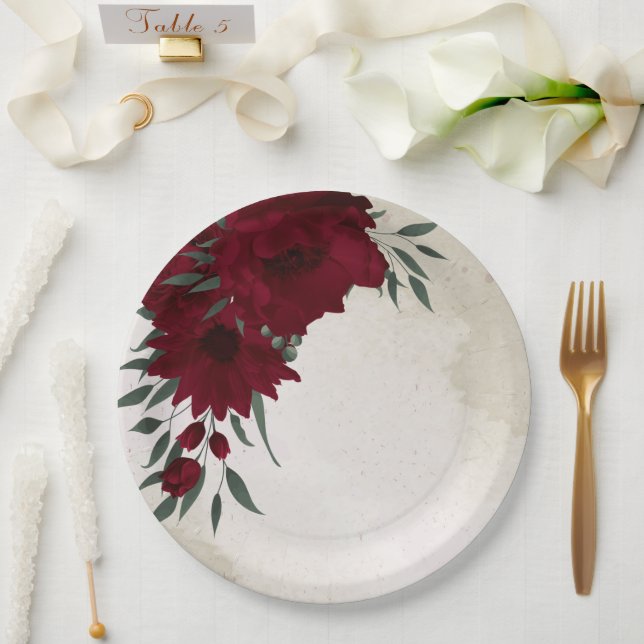 Burgundy flowers greenery paper plate (Wedding)