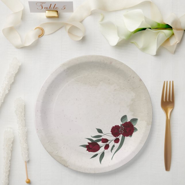 Burgundy flowers greenery paper plate (Wedding)