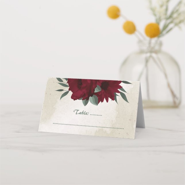 Burgundy flowers greenery  place card (Front)