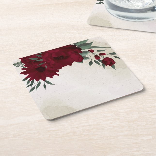 Burgundy flowers greenery square paper coaster (Angled)