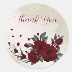 Burgundy flowers greenery thank you classic round sticker