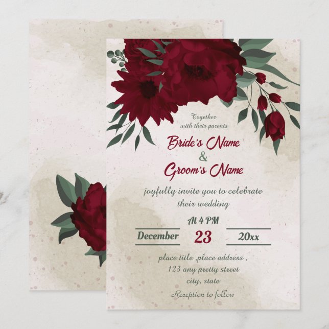 Burgundy flowers greenery wedding invitation (Front/Back)