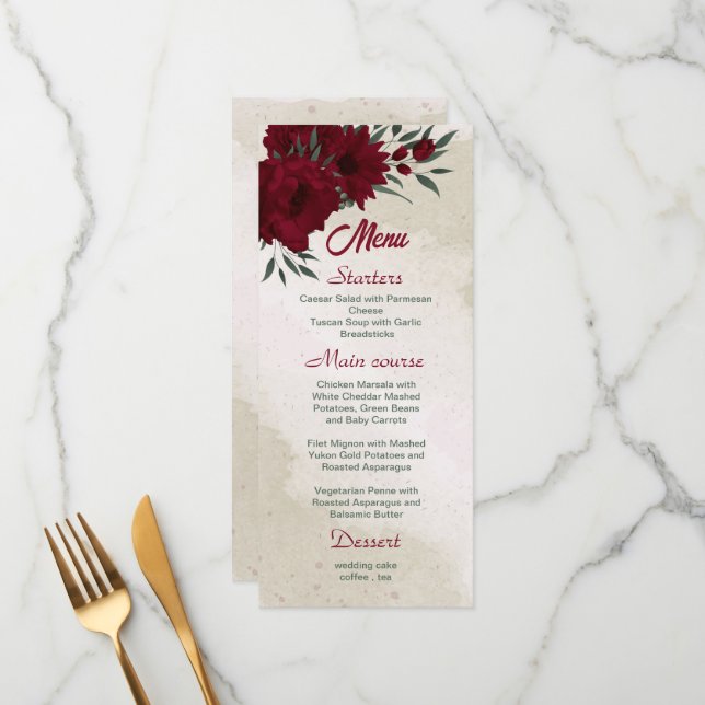 Burgundy flowers greenery wedding menu (Front/Back In Situ)