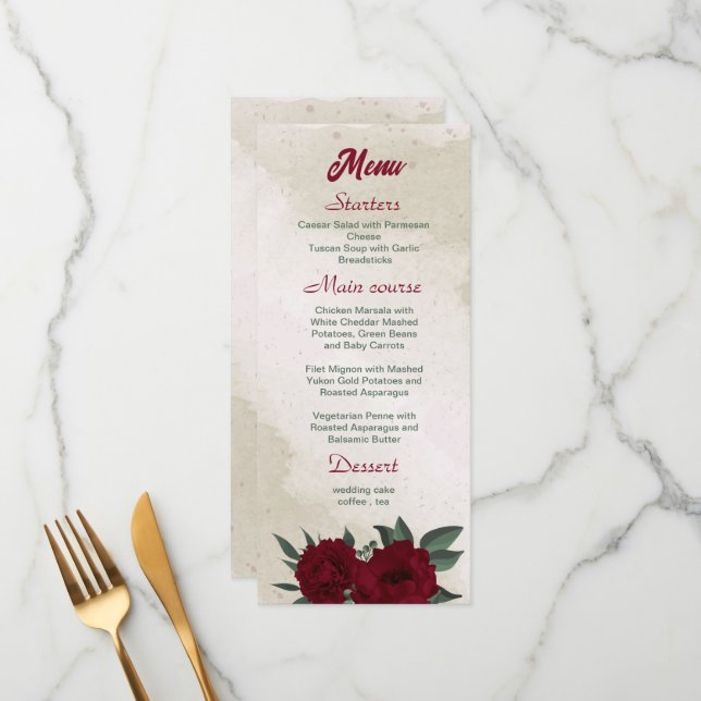 Burgundy flowers greenery wedding menu (Front/Back In Situ)