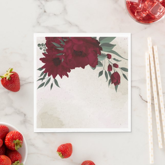 Burgundy flowers greenery wedding napkin (Insitu)