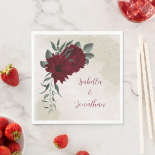 Burgundy flowers greenery wedding napkin