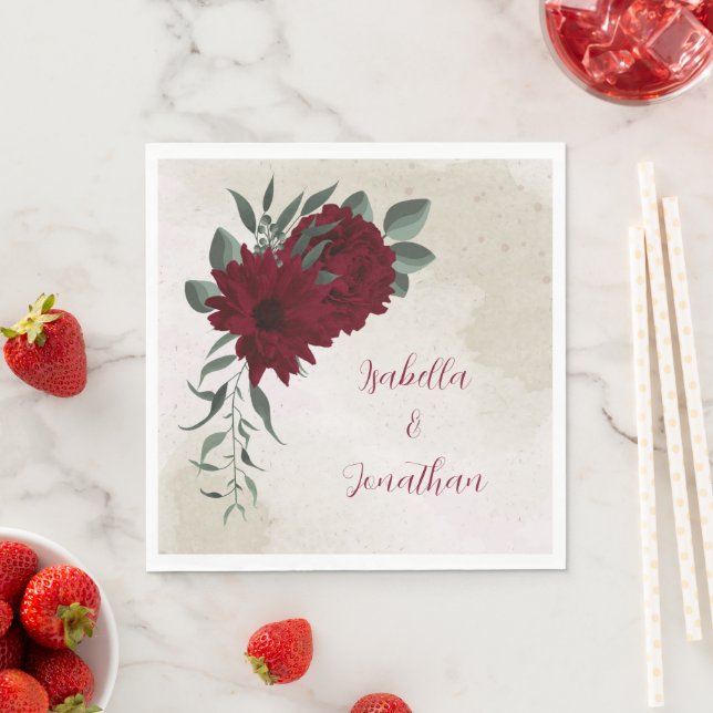 Burgundy flowers greenery wedding napkin (Insitu)
