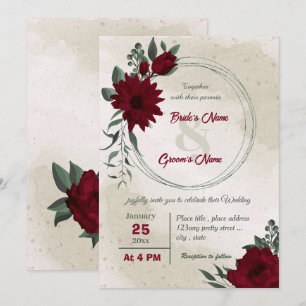 Burgundy flowers greenery wreath wedding invitation