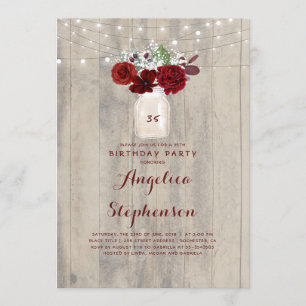 Burgundy Flowers Mason Jar Rustic Birthday Party Invitation