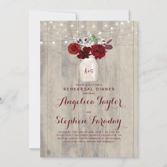 Burgundy Flowers Mason Jar Rustic Rehearsal Dinner Invitation (Front)