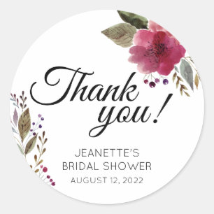 Burgundy Flowers Modern Bridal Shower Thank You Classic Round Sticker