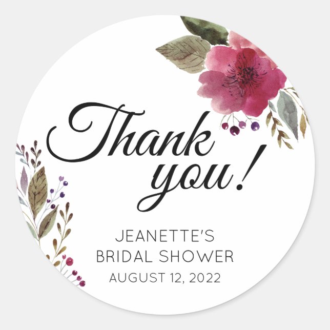 Burgundy Flowers Modern Bridal Shower Thank You Classic Round Sticker (Front)
