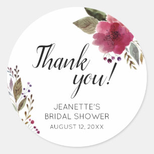 Burgundy Flowers Modern Bridal Shower Thank You Classic Round Sticker