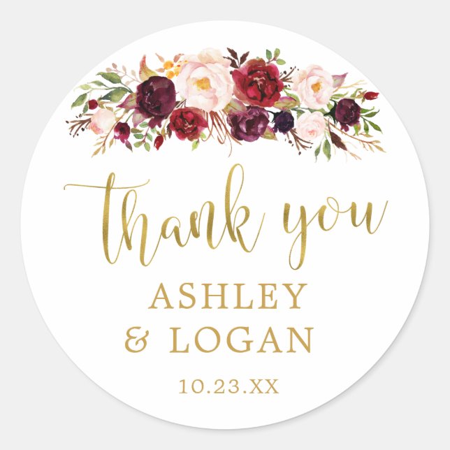 Burgundy Flowers Monogram Wedding Favour Sticker (Front)