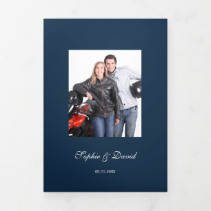 Burgundy Flowers Navy Blue Photo Wedding Tri-Fold Programme