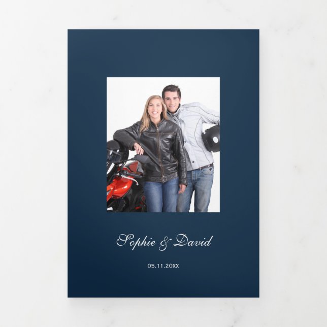 Burgundy Flowers Navy Blue Photo Wedding Tri-Fold Programme (Cover)