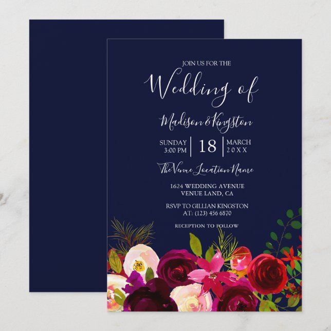 Burgundy Flowers Navy Blue Wedding Invite (Front/Back)