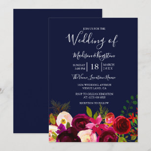 Burgundy Flowers Navy Blue Wedding Invite