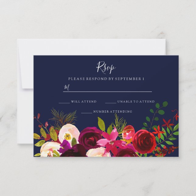 Burgundy Flowers Navy Blue Wedding RSVP (Front)