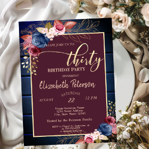 Burgundy Flowers Navy Blue Wood 30th Birthday  Invitation