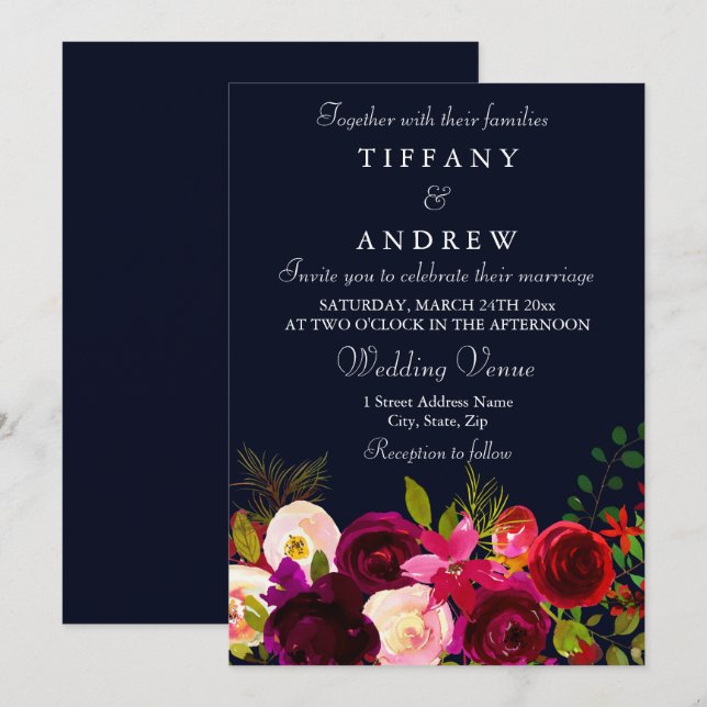 Burgundy Flowers Navy Elegant Wedding Invitation (Front/Back)