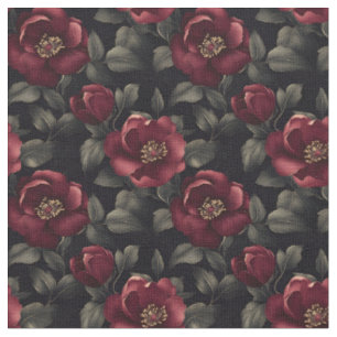Burgundy Flowers on Black Fabric