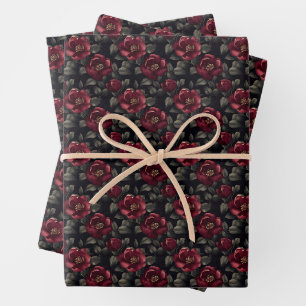 Burgundy Flowers on Black Wrapping Paper Sheet