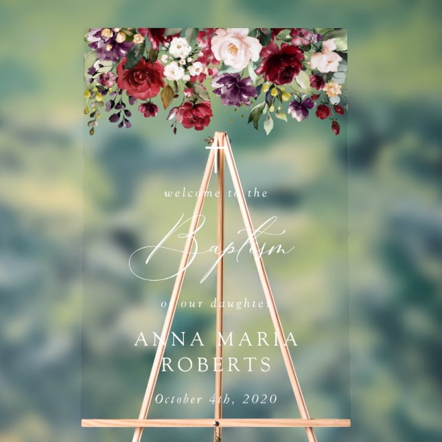 Burgundy Flowers, Pink Flowers, Baptism Welcome Acrylic Sign (Neutral)