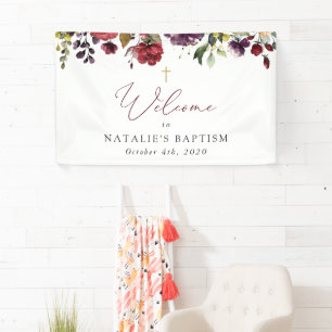 Burgundy Flowers, Pink Flowers, Baptism Welcome Banner