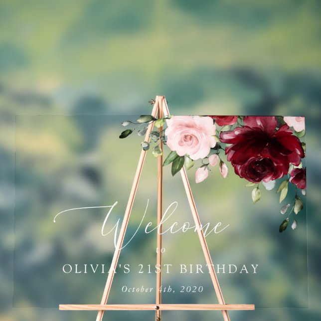 Burgundy Flowers, Pink Flowers, Birthday Welcome Acrylic Sign (Neutral)