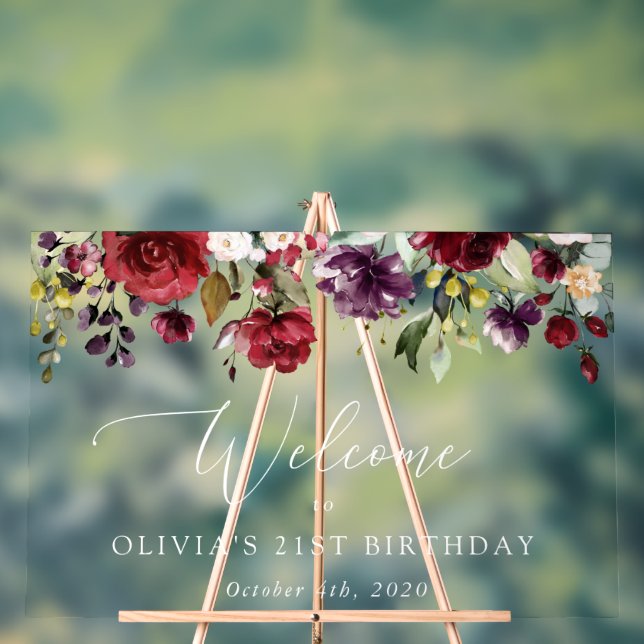 Burgundy Flowers, Pink Flowers, Birthday Welcome Acrylic Sign (Neutral)