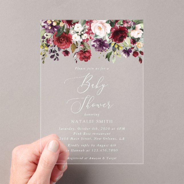 Burgundy Flowers, Pink Flowers, Boho, Baby Shower Acrylic Invitations (Insitu (Handheld))