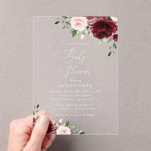 Burgundy Flowers, Pink Flowers, Boho, Baby Shower Acrylic Invitations