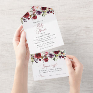 Burgundy Flowers, Pink Flowers, Boho, Baby Shower All In One Invitation