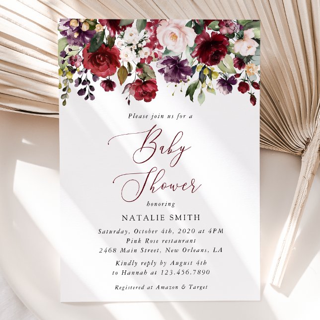Burgundy Flowers, Pink Flowers, Boho, Baby Shower Invitation (Creator Uploaded)