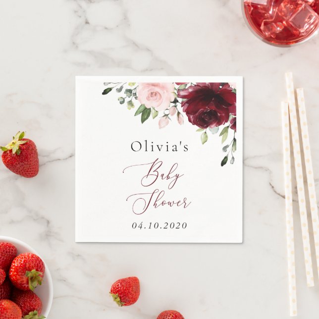Burgundy Flowers, Pink Flowers, Boho, Baby Shower Napkin (Insitu)