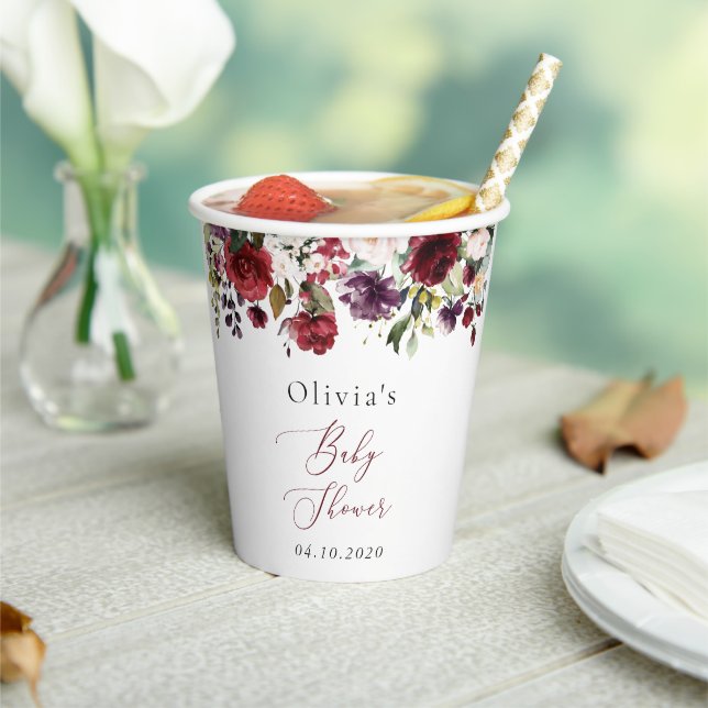 Burgundy Flowers, Pink Flowers, Boho, Baby Shower Paper Cups (Insitu)