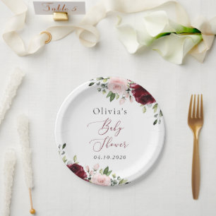 Burgundy Flowers, Pink Flowers, Boho, Baby Shower Paper Plate