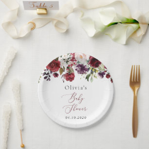 Burgundy Flowers, Pink Flowers, Boho, Baby Shower Paper Plate