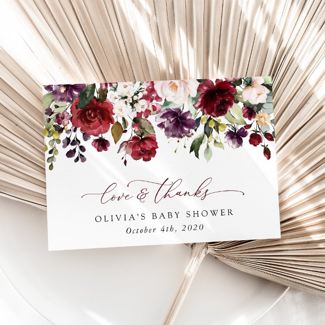 Burgundy Flowers, Pink Flowers, Boho, Baby Shower Thank You Card (Creator Uploaded)