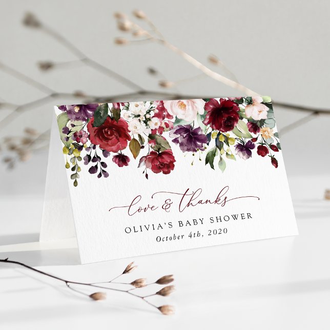 Burgundy Flowers, Pink Flowers, Boho, Baby Shower Thank You Card (Creator Uploaded)